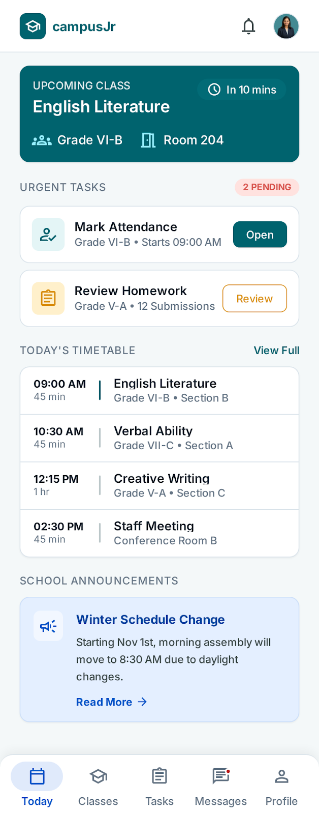 Teacher app today dashboard