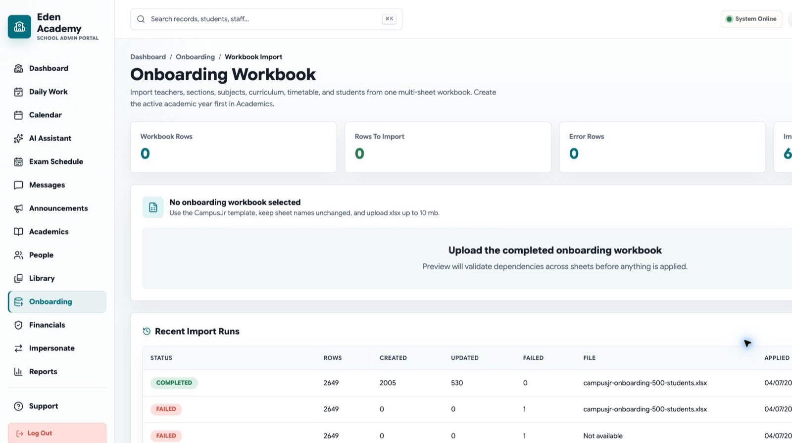 Onboarding workbook import